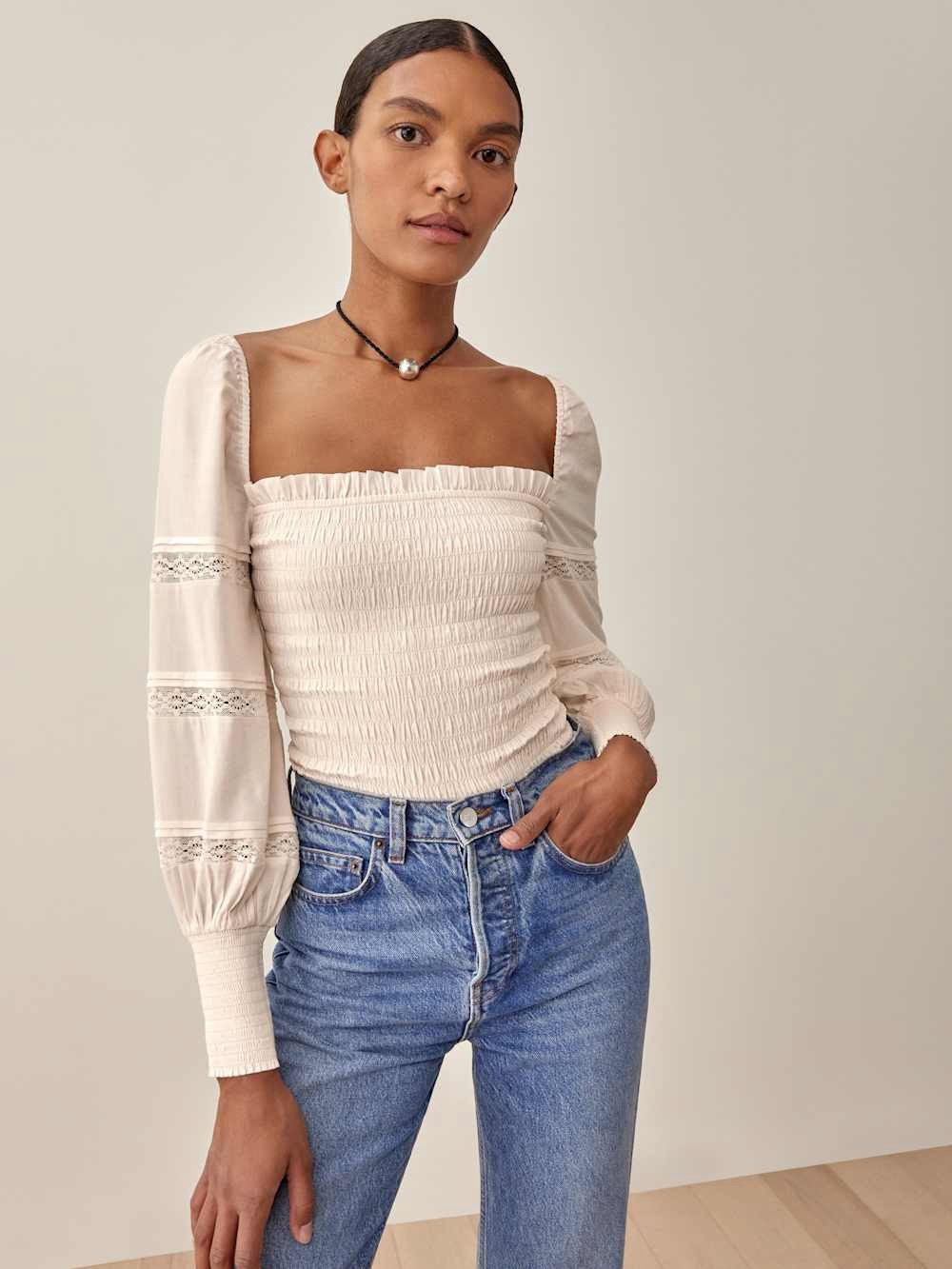 Reformation Cream Color Clancy Top Long Sleeve Smocked Size XL